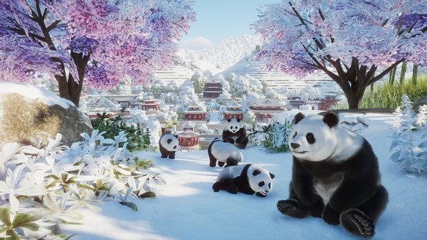 Planet Zoo screenshot showing a snowy habitat with pandas lounging and playing among trees, flowers, and a scenic backdrop.