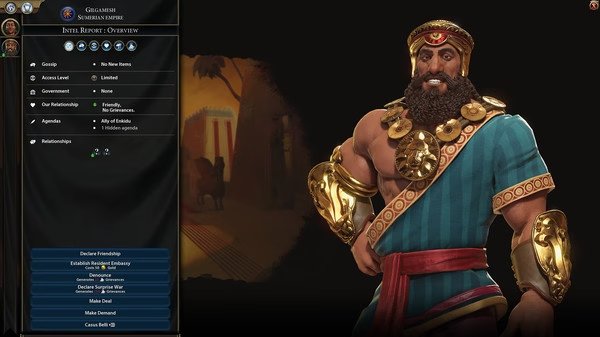 Screenshot from Sid Meier's Civilization VI showing a leader in ornate attire beside a diplomacy interface with various options.
