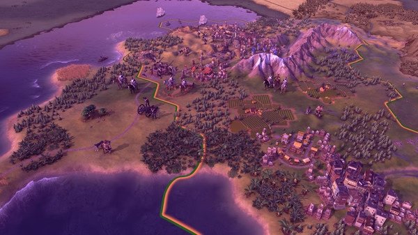 A screenshot from Sid Meier's Civilization VI showing a coastal city, mountains, farmland, and military units on a vibrant map.