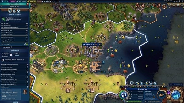 Screenshot of Sid Meier's Civilization VI showing a developed city near the coast with farms, districts, and strategic resources.