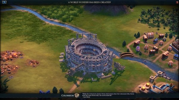 A screenshot from Sid Meier's Civilization VI showing the Colosseum World Wonder surrounded by buildings and terrain.