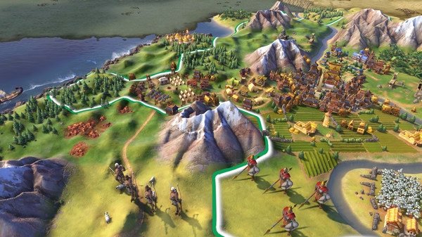 Screenshot from Sid Meier's Civilization VI showing cavalry units near mountains, with a city and coastline in the background.