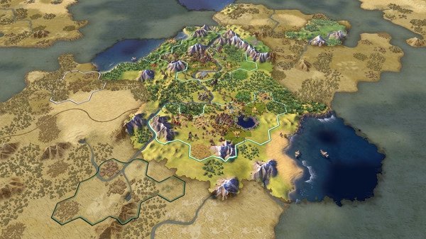Sid Meier's Civilization VI screenshot showing a detailed landscape with mountains, forests, and a coastal city surrounded by hexagonal tiles.