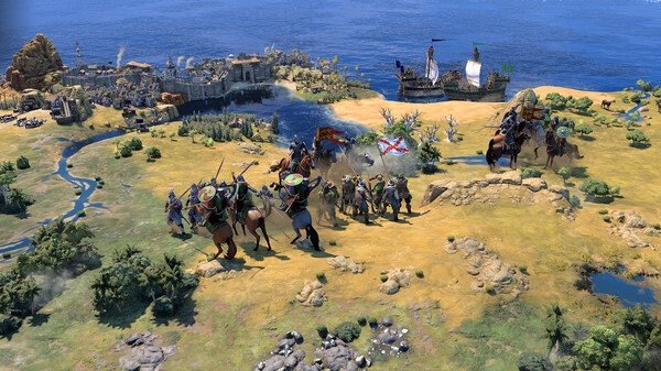 Sid Meier's Civilization VII screenshot showing a cavalry battle near a coastal city with ships in the background.