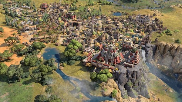 Screenshot of Sid Meier's Civilization VII showing a detailed city with temples, houses, and rivers surrounded by lush greenery.
