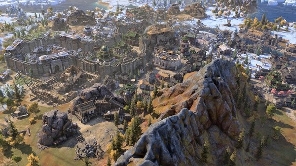 A screenshot from Sid Meier's Civilization VII showing a sprawling city with fortified walls, snowy terrain, and rugged mountains.