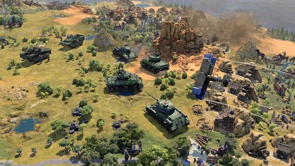 Sid Meier's Civilization VII screenshot showing tanks and military units advancing through a hilly landscape with scattered buildings.