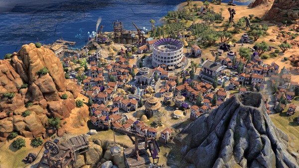 A screenshot from Sid Meier's Civilization VII showing a detailed coastal city with a coliseum, surrounded by rocky terrain and ocean.
