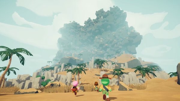Screenshot from the game PEAK: Three characters in a desert landscape approach a towering mountain under a clear sky.