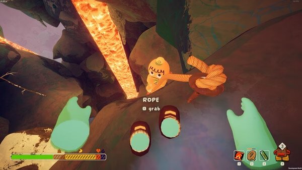 PEAK screenshot: Player character near a cliff edge grabs a rope, with lava visible below and inventory icons at the bottom of the screen.
