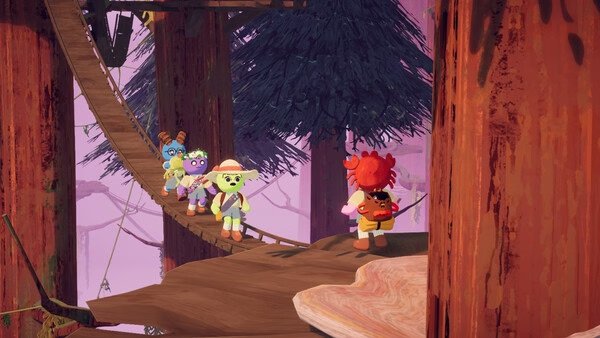 Screenshot from the game PEAK showing characters crossing a wooden bridge in a forest with towering trees.
