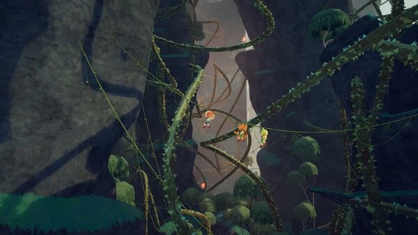 Screenshot from the game PEAK showing a character swinging on vines in a lush, mountainous jungle environment.