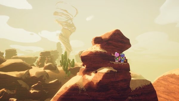 Screenshot from PEAK: Two characters explore a desert landscape with rocky formations, cacti, and a distant swirling dust cloud.