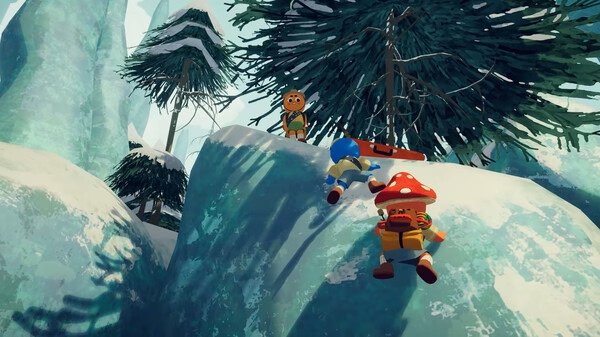 Screenshot from PEAK showing two cartoon characters climbing a snowy mountain with trees in the background.