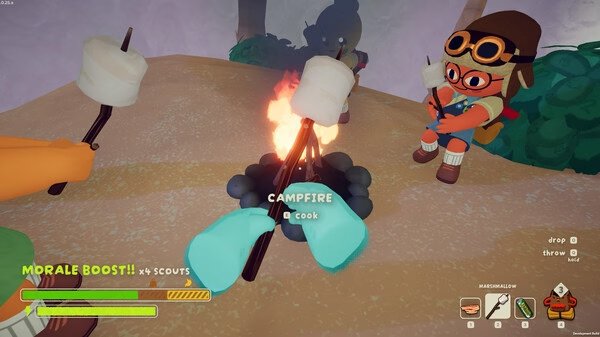 Screenshot from the game PEAK showing characters roasting marshmallows over a campfire, with game interface elements visible.