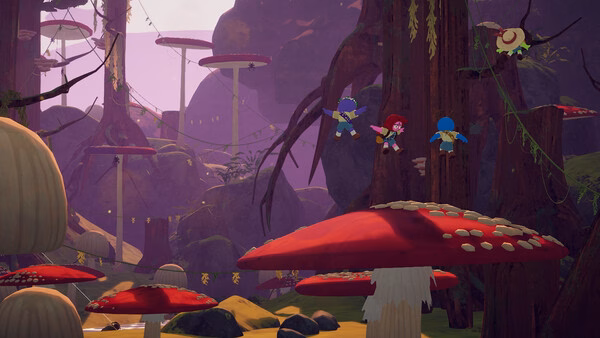 Screenshot from PEAK showing characters jumping between giant mushrooms in a lush, colorful forest environment.