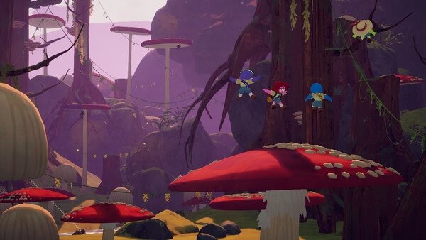 Screenshot from PEAK showing characters jumping between giant mushrooms in a lush, colorful forest environment.