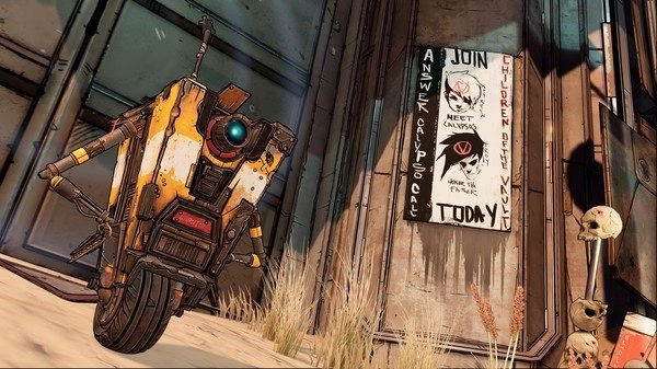 Borderlands 3 screenshot: Claptrap stands near a building with a poster promoting the Children of the Vault cult. Skulls lie nearby.