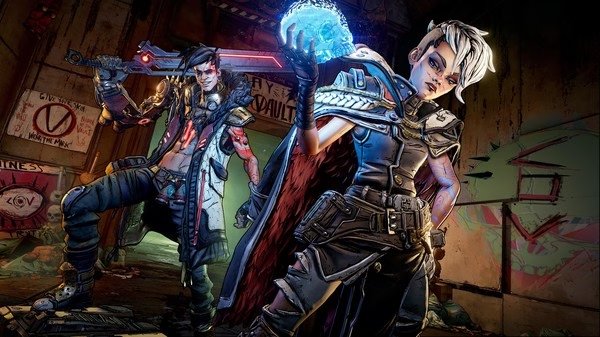 Screenshot from Borderlands 3 showing two characters in combat, one wielding a glowing weapon in a graffiti-covered setting.