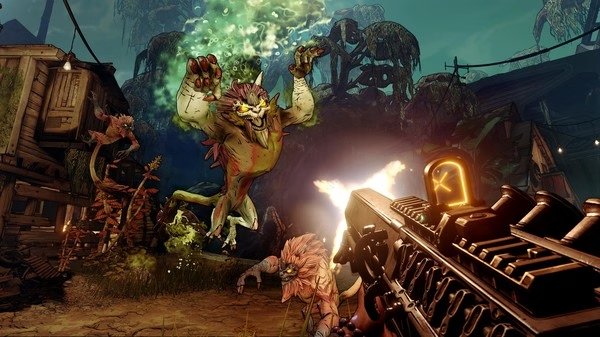 A Borderlands 3 screenshot showing a player aiming at attacking creatures in a swamp-like environment with glowing green effects.