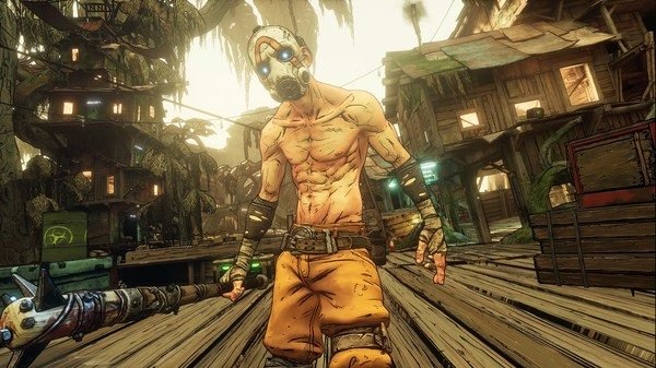 Borderlands 3 screenshot: A shirtless bandit with a gas mask wields a weapon, standing on a wooden platform in a jungle village.