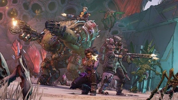 Screenshot from Borderlands 3 showing four characters in combat, armed with weapons, battling enemies in a vibrant alien environment.