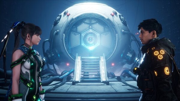 Screenshot from Stellar Blade showing two characters facing each other in front of a futuristic, glowing circular structure.