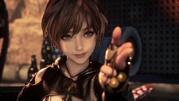 Stellar Blade screenshot: A character in a futuristic outfit points forward with a focused expression in a detailed sci-fi setting.