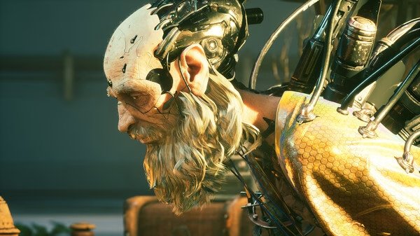 A screenshot from Stellar Blade showing a detailed close-up of a character with futuristic armor and mechanical attachments.
