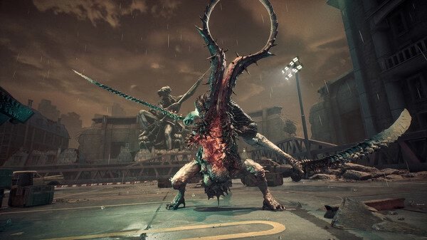 A Stellar Blade screenshot showing a fierce, monstrous creature in a dystopian cityscape under a stormy, dark sky.