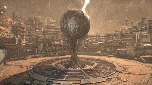 A screenshot from Stellar Blade showing a futuristic cityscape with a large metallic sphere on a platform in the center.