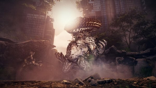 A massive creature roams a post-apocalyptic urban landscape in this Stellar Blade screenshot, with sunlight filtering through ruined buildings.