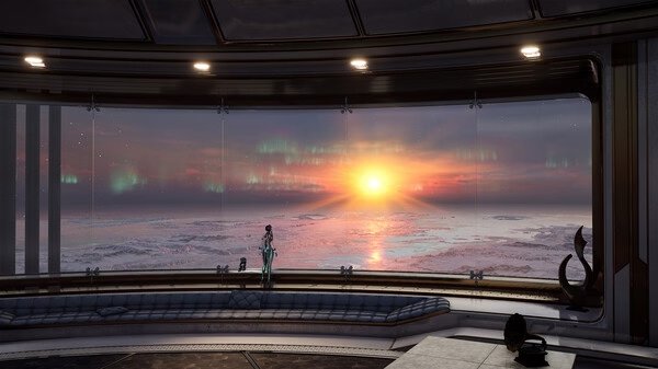Stellar Blade screenshot: A lone figure stands in a futuristic room, gazing at a vibrant sunset over an icy landscape with auroras.