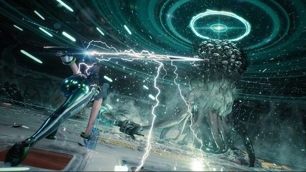 Stellar Blade screenshot: A player character wielding a glowing sword faces a massive, alien-like creature in a futuristic setting.