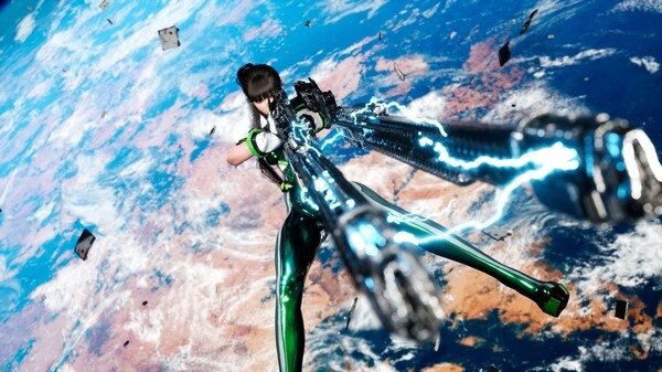 A character from Stellar Blade wields a lightning-infused weapon in space. Screenshot captures dynamic action against Earth's backdrop.