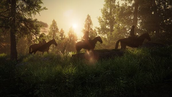Screenshot from The Last of Us Part I showing three silhouetted riders on horseback in a forest at sunset.
