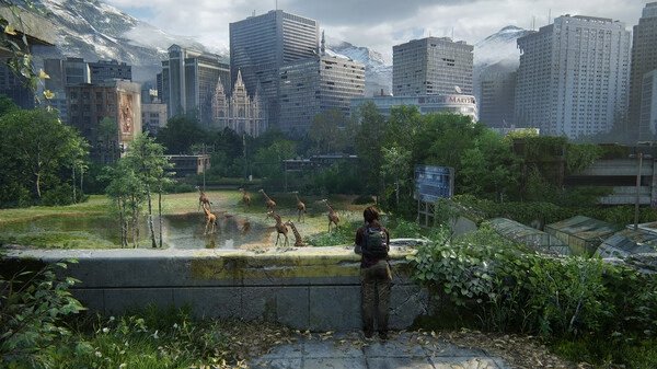 A screenshot from The Last of Us Part I showing a character observing giraffes in a city overgrown with vegetation.