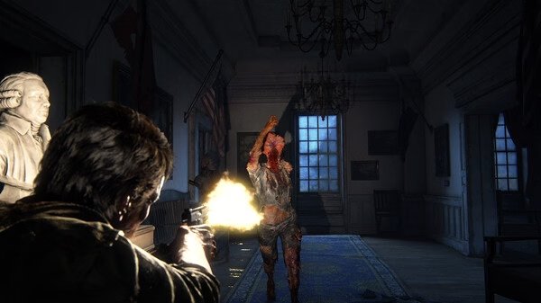 A screenshot from The Last of Us Part I shows a character shooting at an advancing infected creature in a dimly lit room.