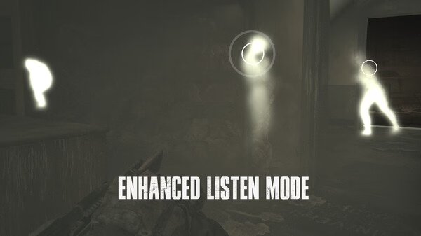 Screenshot from The Last of Us Part I showing Enhanced Listen Mode, highlighting three figures through walls in a dimly lit room.