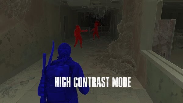 Screenshot from The Last of Us Part I showing high contrast mode, with a character navigating a dark, decayed hallway.