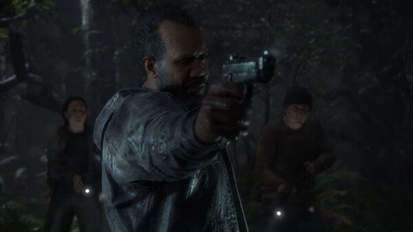 Screenshot from The Last of Us Part II Remastered showing a character aiming a pistol in a dark, wooded area.