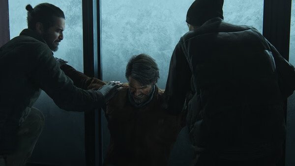 Screenshot from The Last of Us Part II Remastered showing a tense scene where two characters restrain another against a window.