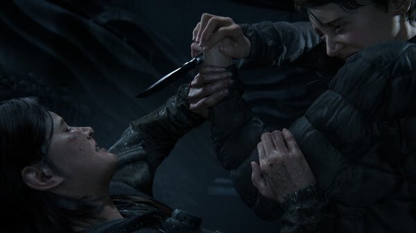 A tense moment in The Last of Us Part II Remastered screenshot shows a character struggling to fend off a knife attack.
