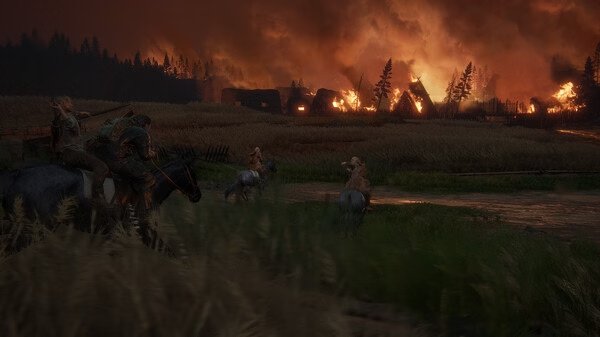 A dramatic scene from The Last of Us Part II Remastered screenshot, showing characters on horseback fleeing a fiery village at dusk.