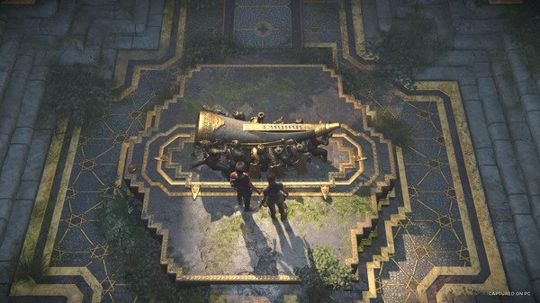 Screenshot from UNCHARTED: Legacy of Thieves Collection showing two characters examining an ornate golden relic in a tiled courtyard.