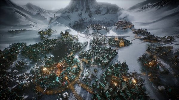 A Frostpunk 2 screenshot showing a snow-covered city with glowing buildings and distant mountains under a cloudy sky.