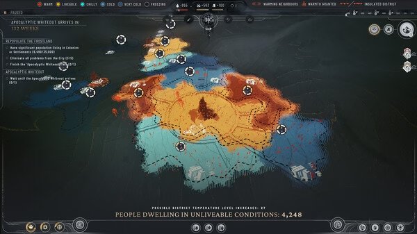 Frostpunk 2 screenshot: A detailed map showing regions with temperature zones, population stats, and incoming apocalyptic conditions.