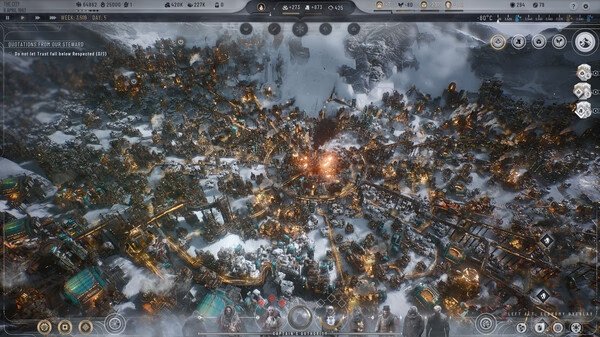 Frostpunk 2 screenshot: A snowy cityscape with glowing lights and buildings sprawling beneath a cloudy sky, seen from an elevated view.