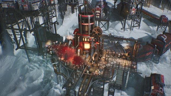 Frostpunk 2 screenshot showing an industrial facility with workers and machinery on a snowy landscape.