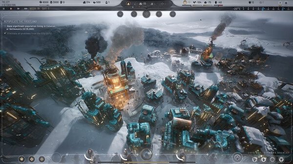 Screenshot of Frostpunk 2 showing a snowy cityscape with industrial buildings, smokestacks, and glowing lights under a cloudy sky.